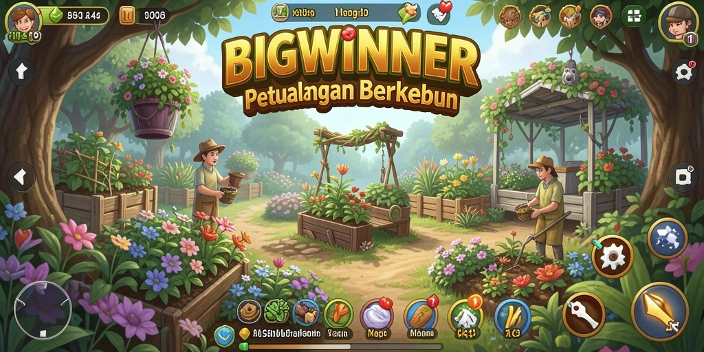 Gameplay menyenangkan dari BIGWINNER yang memperlihatkan aktivitas berkebun.